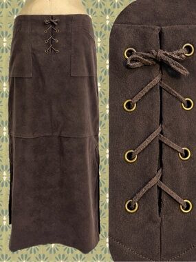 VINTAGE Y2K suede long maxi skirt corset style lace up boho Renaissance Viking